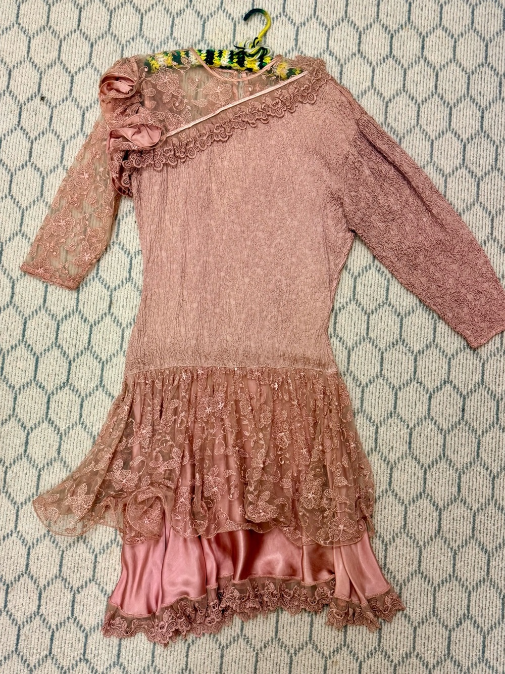 LA PASITEA Vintage Rare Made In Italy Fairy Y2K Dusty Rose Crinkled Lace Dress - Picture 9 of 16
